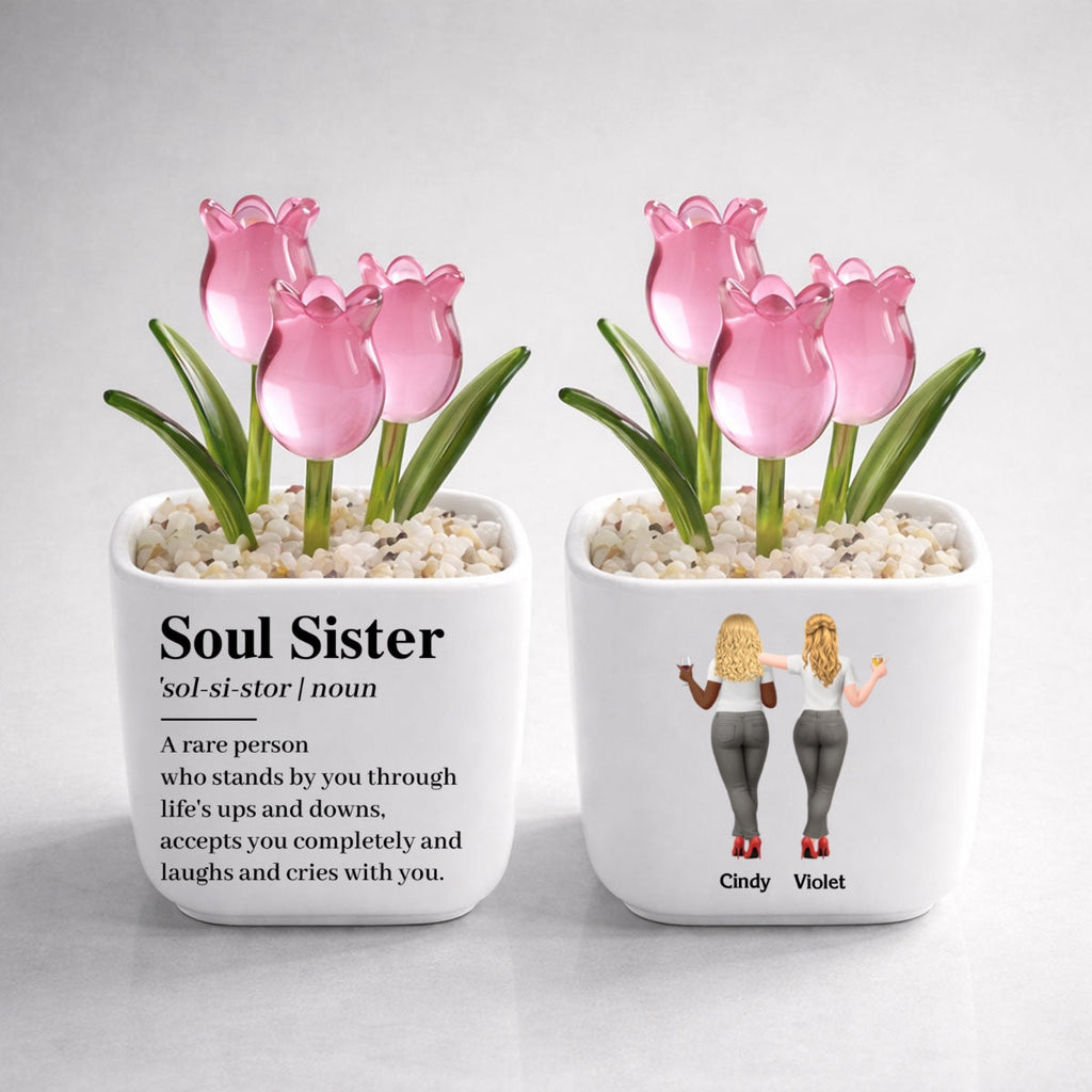 Custom Flower Keepsake, Glass Home Decor Gift for Best Friend • Soul Sister - Personalized Glass Everlasting Tulips