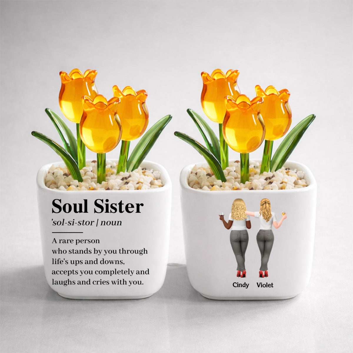 Custom Flower Keepsake, Glass Home Decor Gift for Best Friend • Soul Sister - Personalized Glass Everlasting Tulips