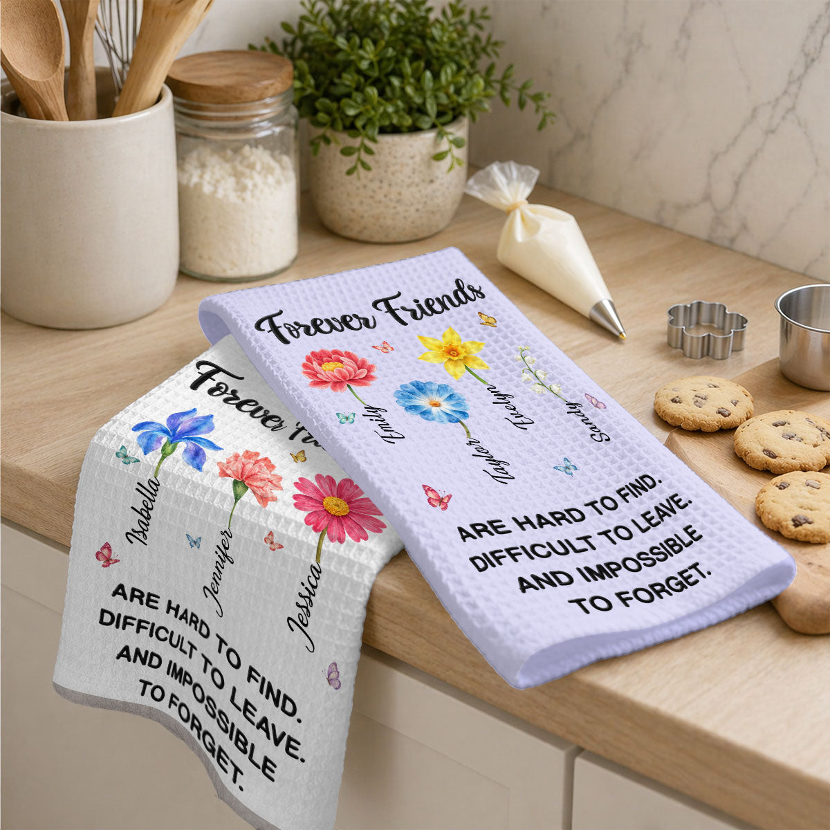 Custom Sister Kitchen Towel With Names, Birthday Christmas Gift For Sister Sibling • Forever Friends Floral Blooms - Personalized Kitchen Towel