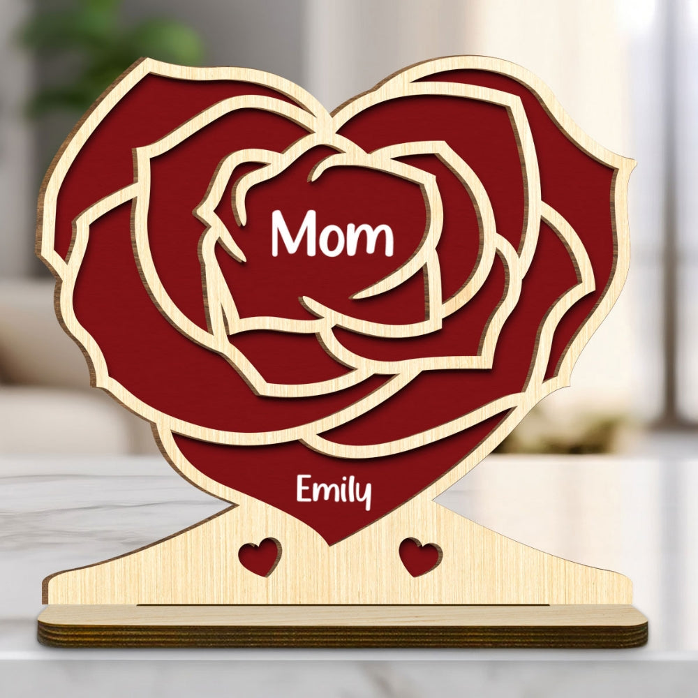 Custom Mother's Day Decor, Gift for Mom & Grandma • Family Flower - Personalized 2-Layer Wood Plaque With Flat Base