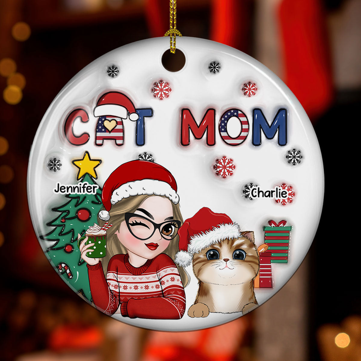 Custom Keepsake Christmas Ornament •  American Cat Mom Christmas - Personalized 3D Inflated Effect Ceramic Ornament