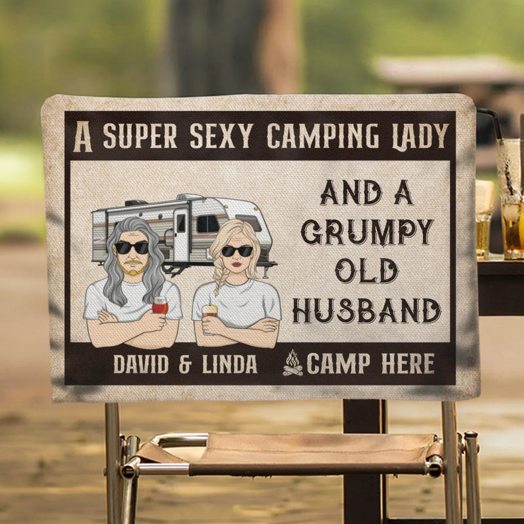 Sexy Camping Lady And Grumpy Old Husband - Personalized Camping Chair Cover