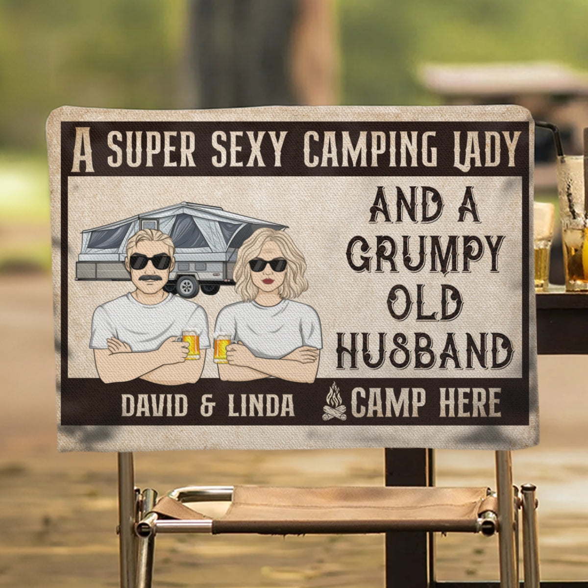 Sexy Camping Lady And Grumpy Old Husband - Personalized Camping Chair Cover