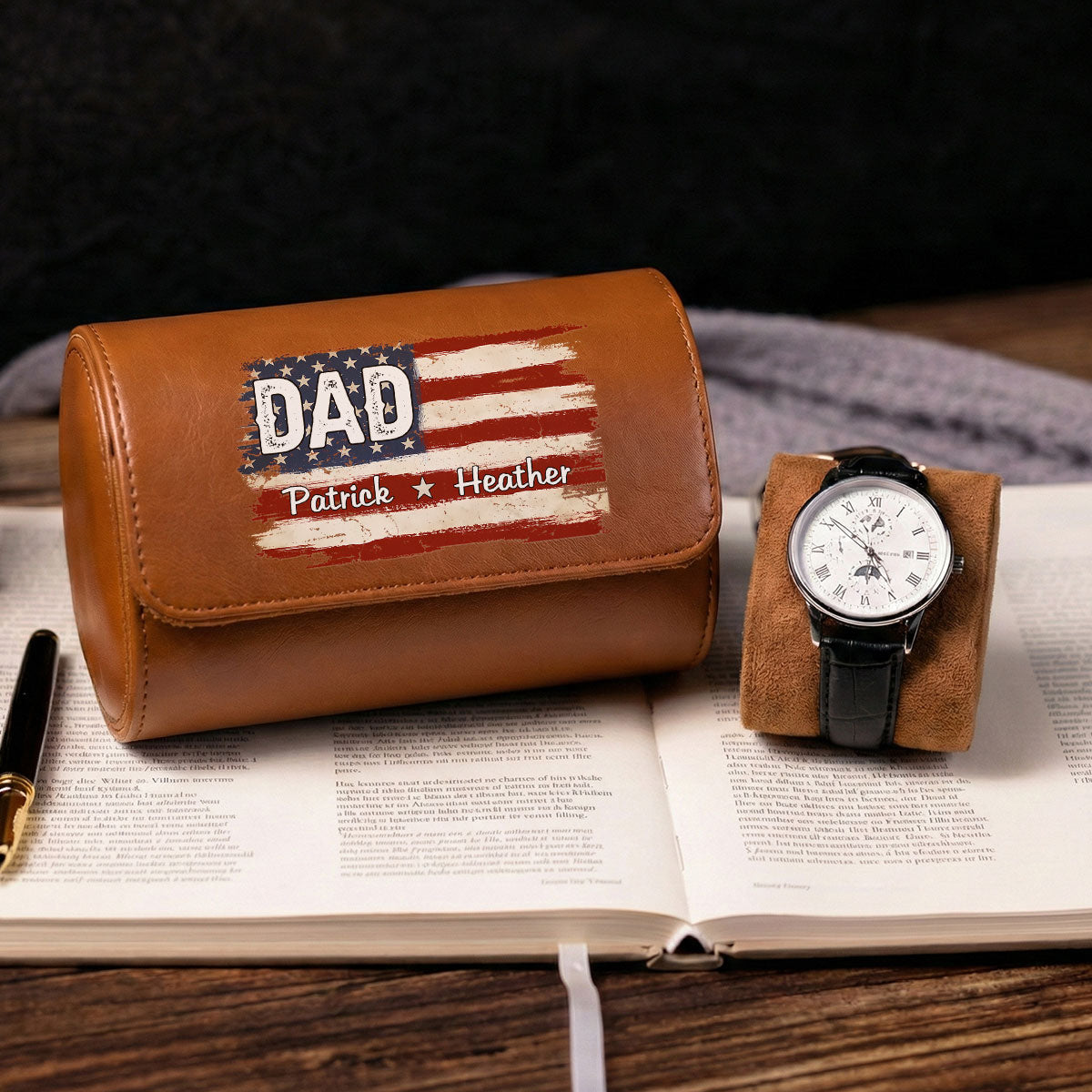 American Flag Name - Personalized Leather Watch Case