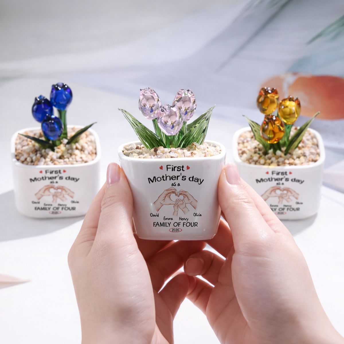 Custom Flower Keepsake, Meaningful Glass Home Decor Gift • As A Family Of Three - Personalized Glass Everlasting Tulips