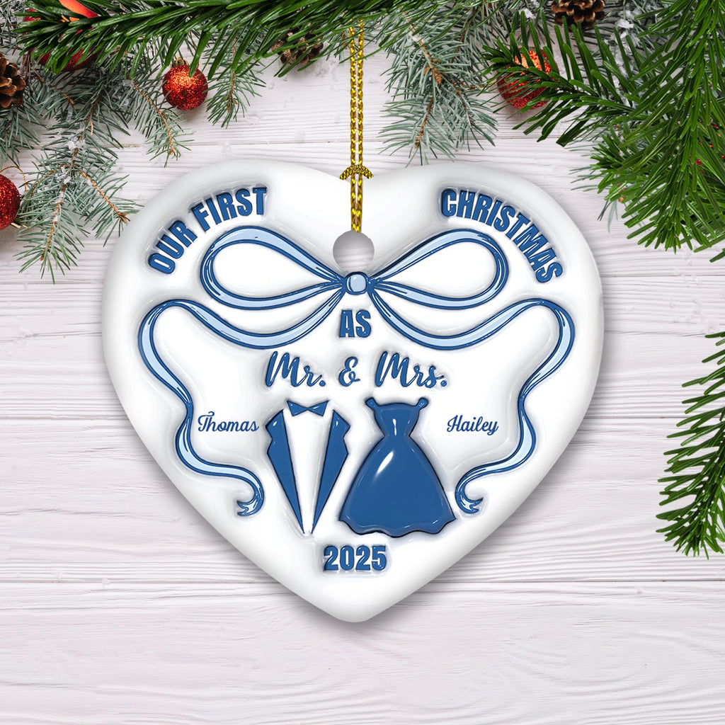 Custom First Christmas Ornament Married, Gift for Newlyweds •  Mr And Mrs Blue - Personalized 3D Inflated Effect Ceramic Ornament