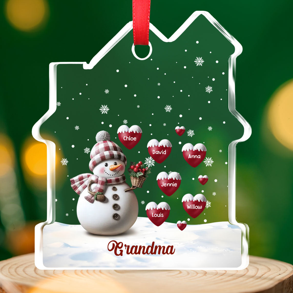 Custom Keepsake Christmas Ornament •  Happy Christmas Snowman Grandma - Personalized House Shaped Glass Ornament