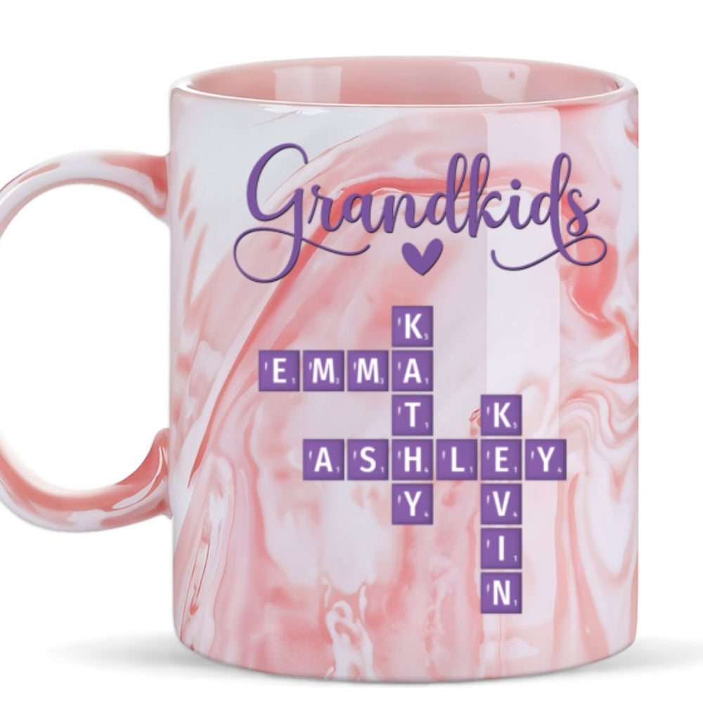 Custom Mother's Day Gift for Mom & Grandma • Love My Grandkids Crossword - Personalized Pink Marble Mug