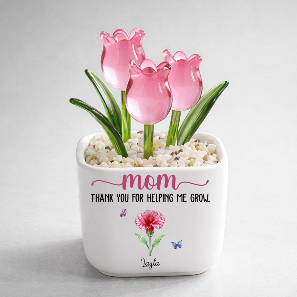 Custom Mother's Day Flower Keepsake, Glass Home Decor Gift for Mom • Thank You For Helping Me Grow - Personalized Glass Everlasting Tulips