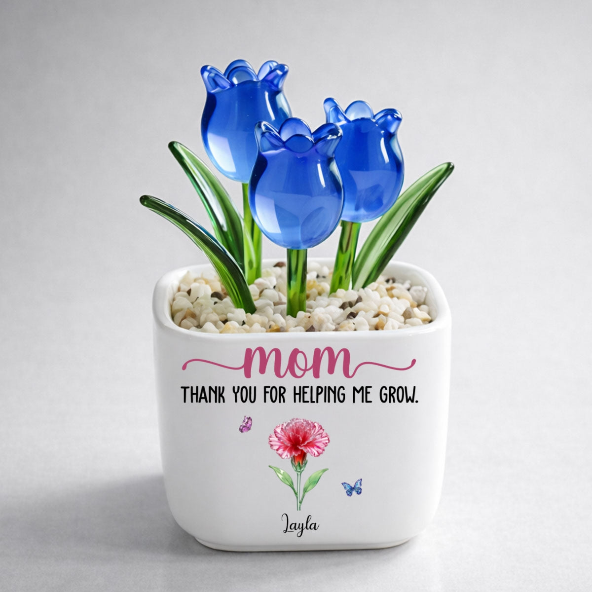 Custom Mother's Day Flower Keepsake, Glass Home Decor Gift for Mom • Thank You For Helping Me Grow - Personalized Glass Everlasting Tulips