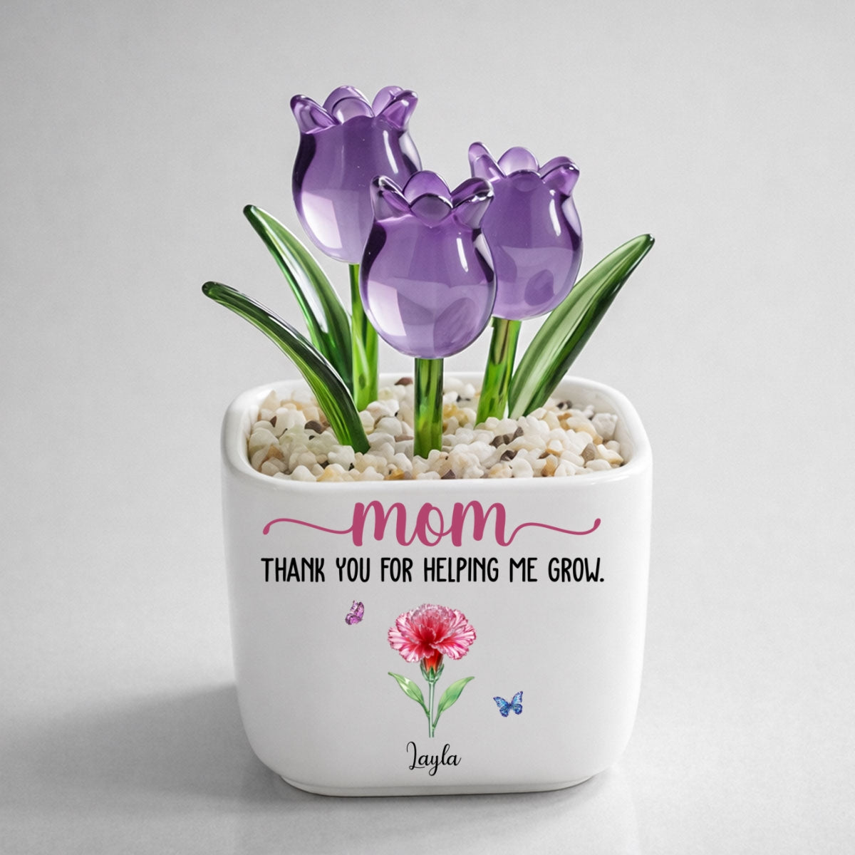 Custom Mother's Day Flower Keepsake, Glass Home Decor Gift for Mom • Thank You For Helping Me Grow - Personalized Glass Everlasting Tulips
