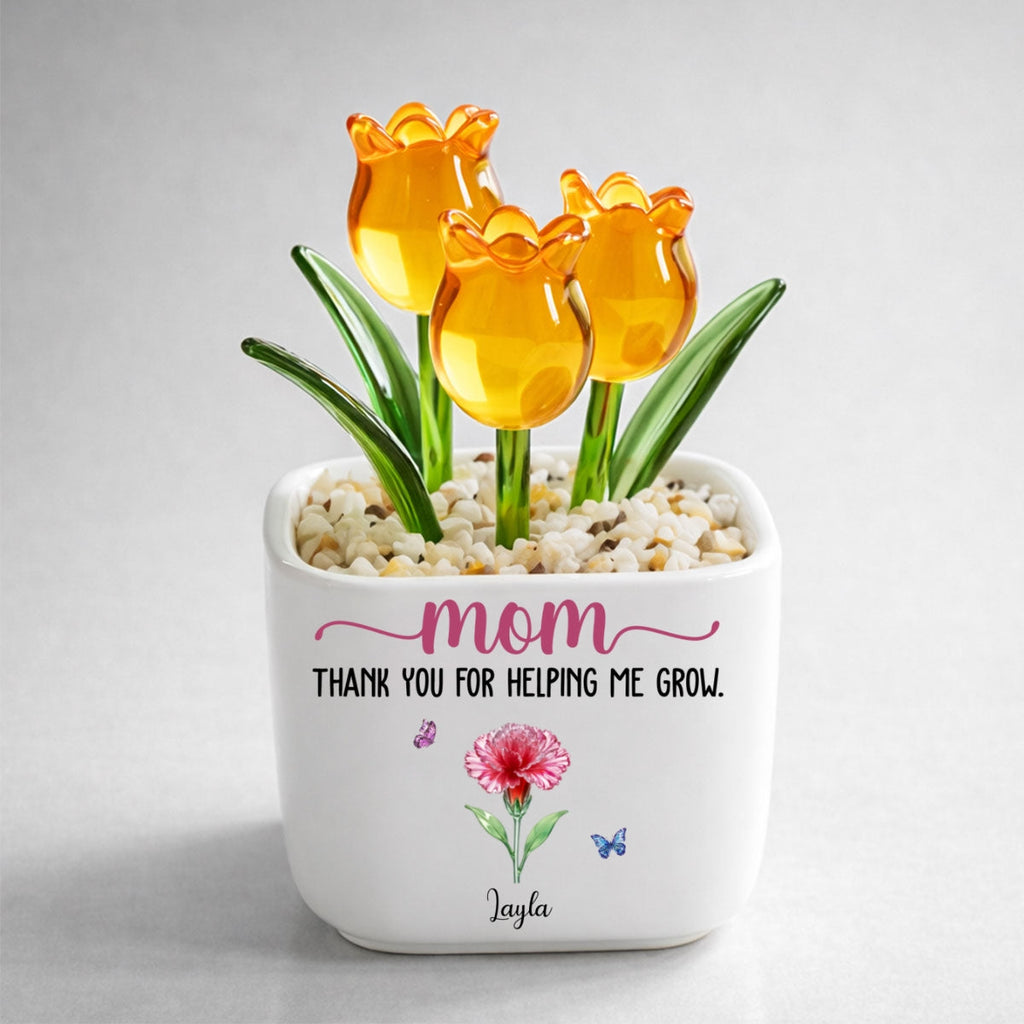 Custom Mother's Day Flower Keepsake, Glass Home Decor Gift for Mom • Thank You For Helping Me Grow - Personalized Glass Everlasting Tulips