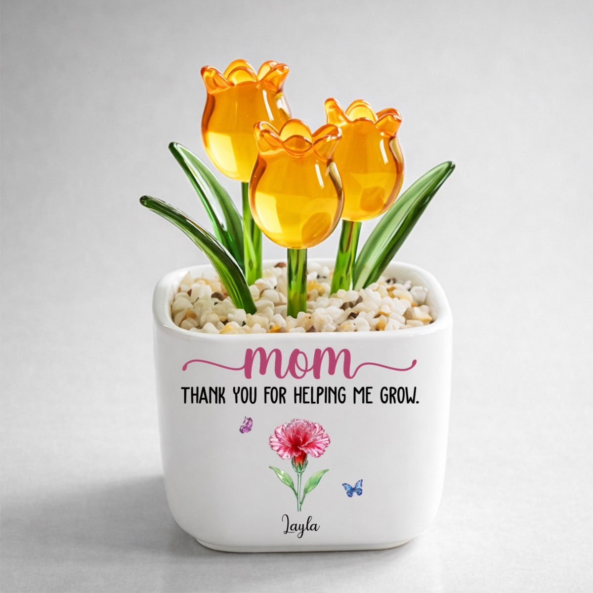 Custom Mother's Day Flower Keepsake, Glass Home Decor Gift for Mom • Thank You For Helping Me Grow - Personalized Glass Everlasting Tulips