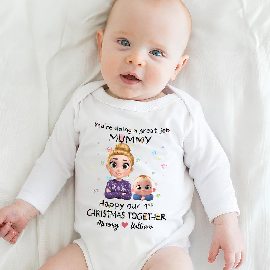 Mommy Is Doing A Great Job Cartoon Christmas - Personalized Long Sleeve Baby Onesie