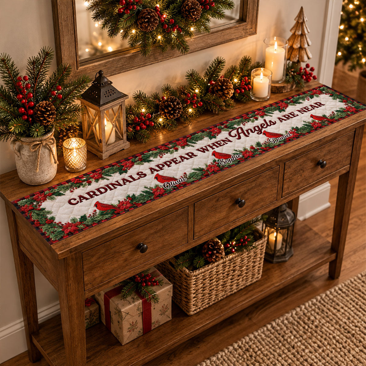 Custom Family Name Christmas Gifts, Holiday Decor Gift • Cardinals Appear When Angels Are Near - Personalized Table Runner