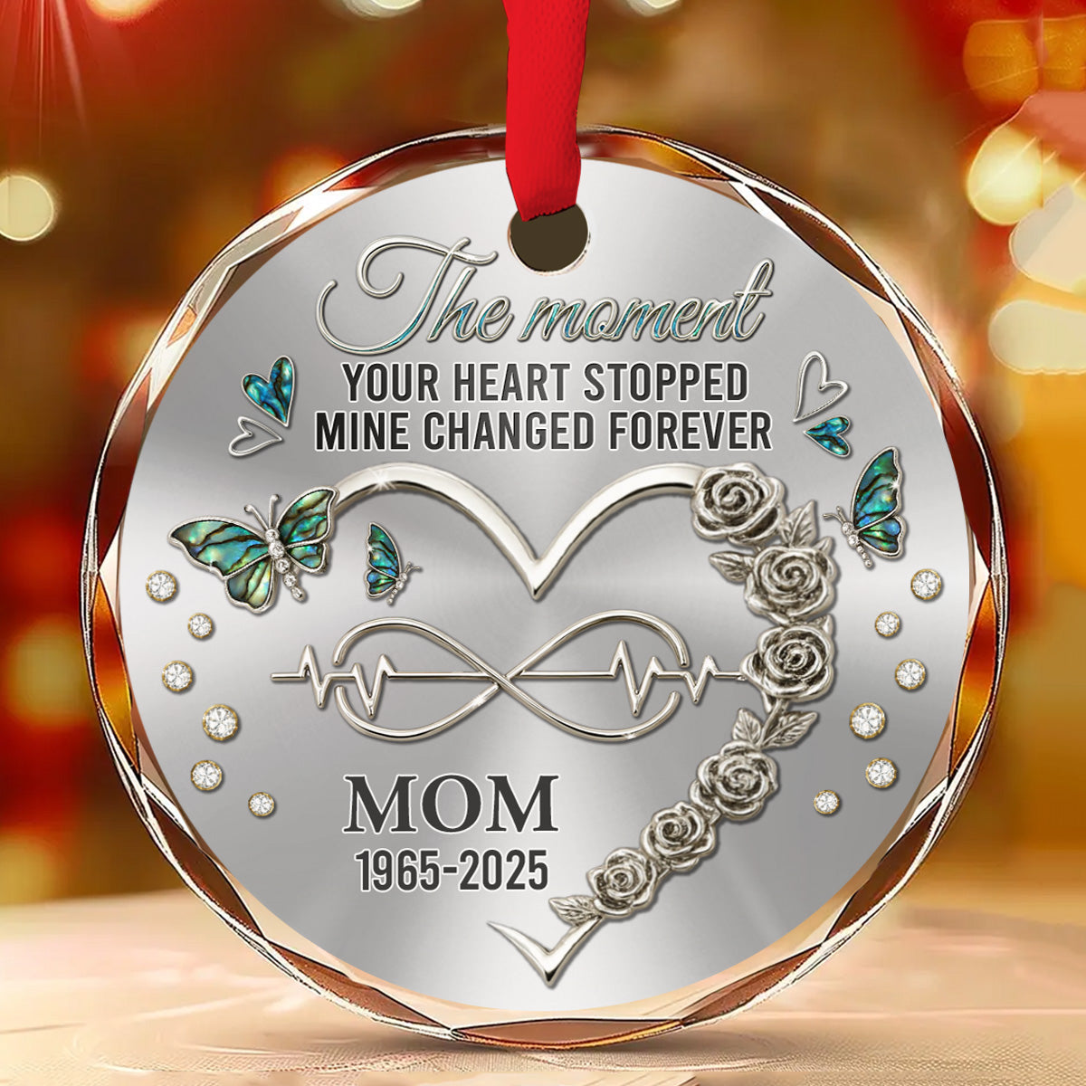 Custom Memorial Christmas Ornament, Sympathy Keepsake •  Your Heart Stopped Mine Changed Forever - Personalized Glass Ornament