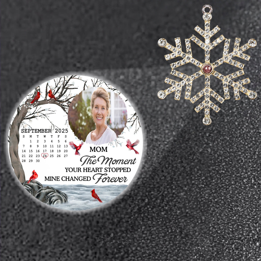 Custom Photo Memorial Christmas Ornament, Sympathy Keepsake • My Heart Changed Forever - Personalized Photo Snowflake Projection Ornament