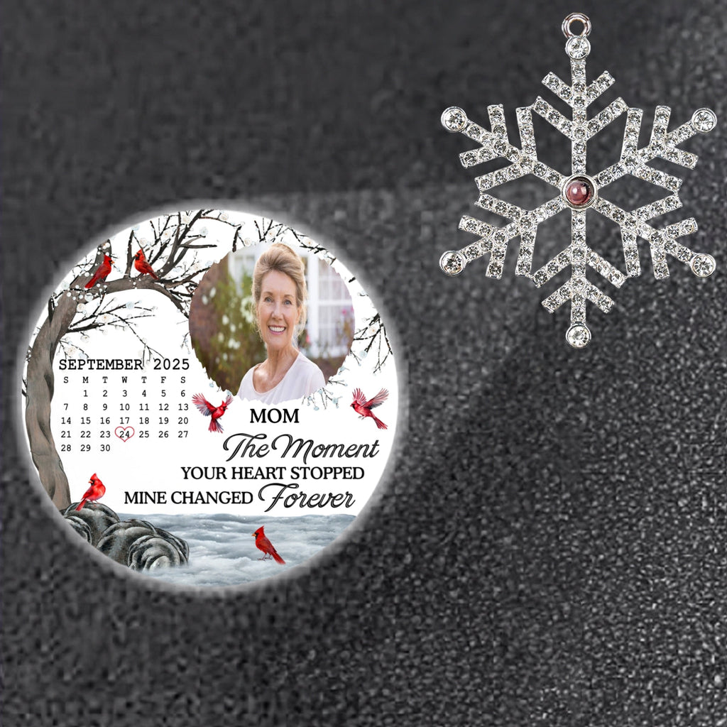 Custom Photo Memorial Christmas Ornament, Sympathy Keepsake • My Heart Changed Forever - Personalized Photo Snowflake Projection Ornament