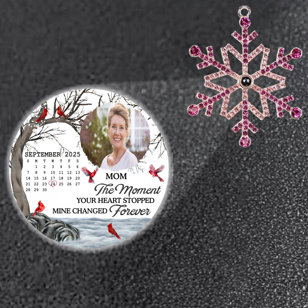 Custom Photo Memorial Christmas Ornament, Sympathy Keepsake • My Heart Changed Forever - Personalized Photo Snowflake Projection Ornament
