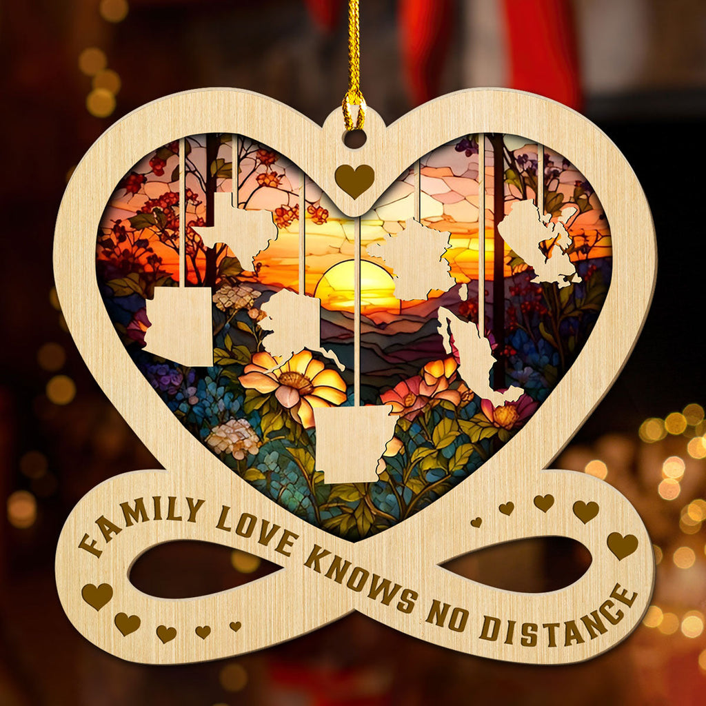 Custom Family Christmas Ornament for Long Distance Families •  Family Love Knows No Distance - Personalized Wood Ornament