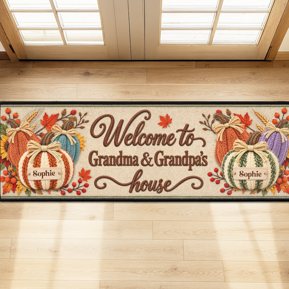 Custom Family Name Rug, Housewarming Birthday Gift For Family Members • Pumpkins Welcome - Personalized Runner Rug