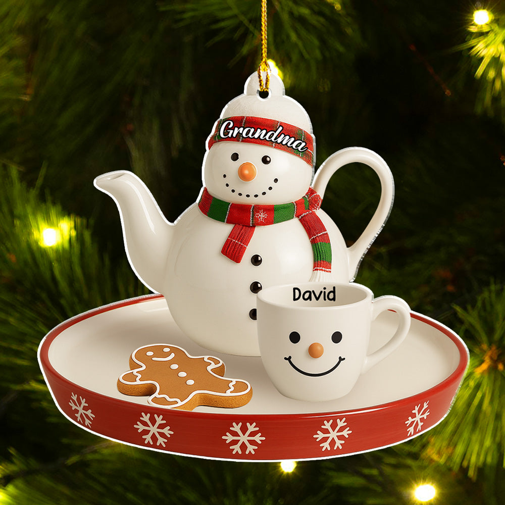 Custom Family Ornament, Christmas Gift for Family Members •  Snowman Smile Tea Set - Personalized Acrylic Ornament