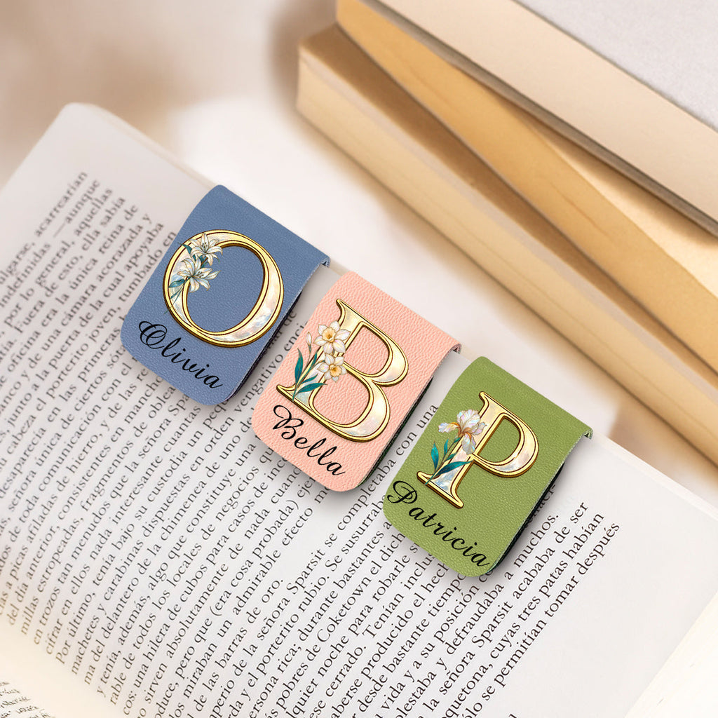 Custom Christmas Birthday Bookish Gifts For Book Lovers, Bookworms • Floral Monogram - Personalized Leather Bookmark