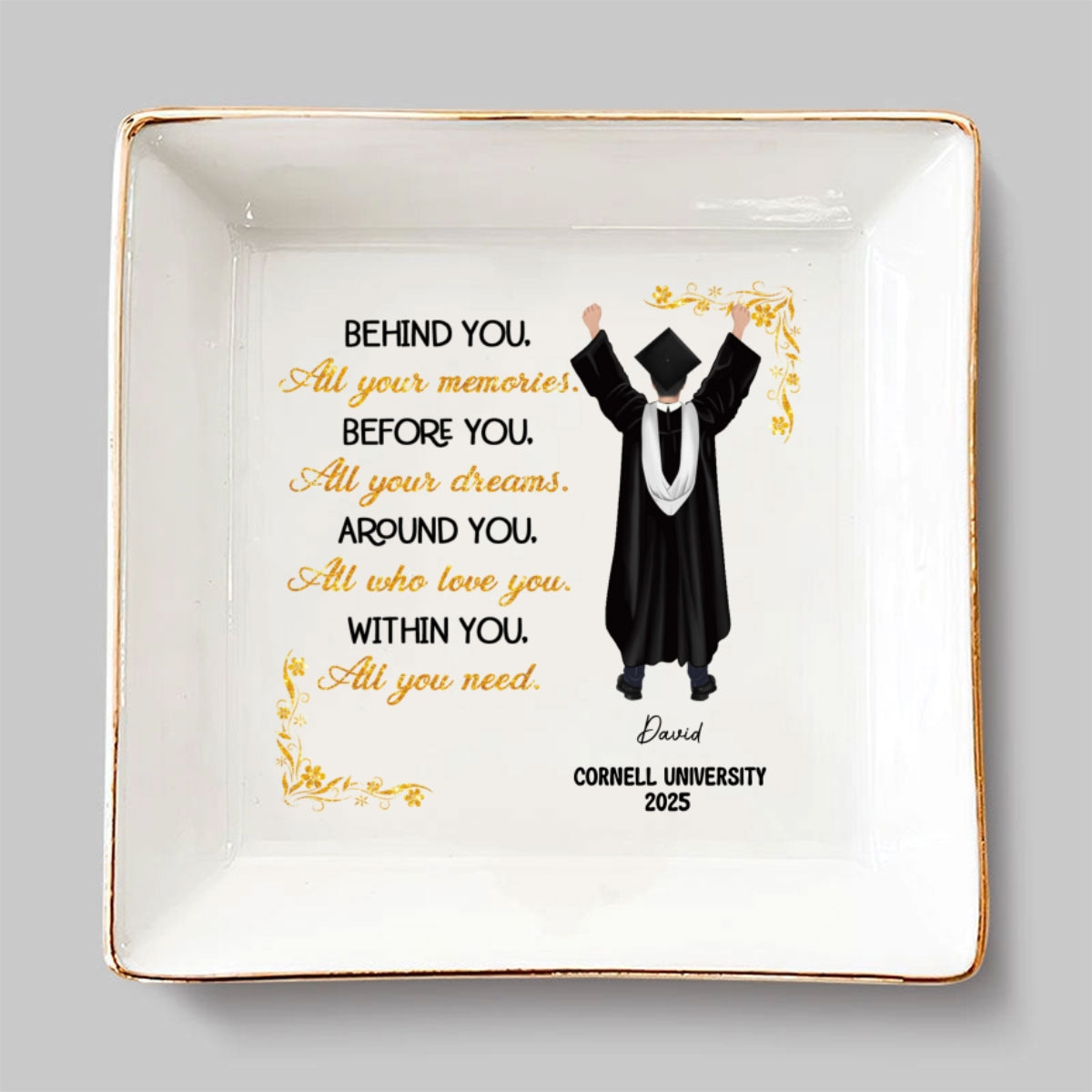 Custom Class of 2026 Trinket Dish, Graduation Gift For Her • She Dreamed Big And Won - Personalized Jewelry Dish