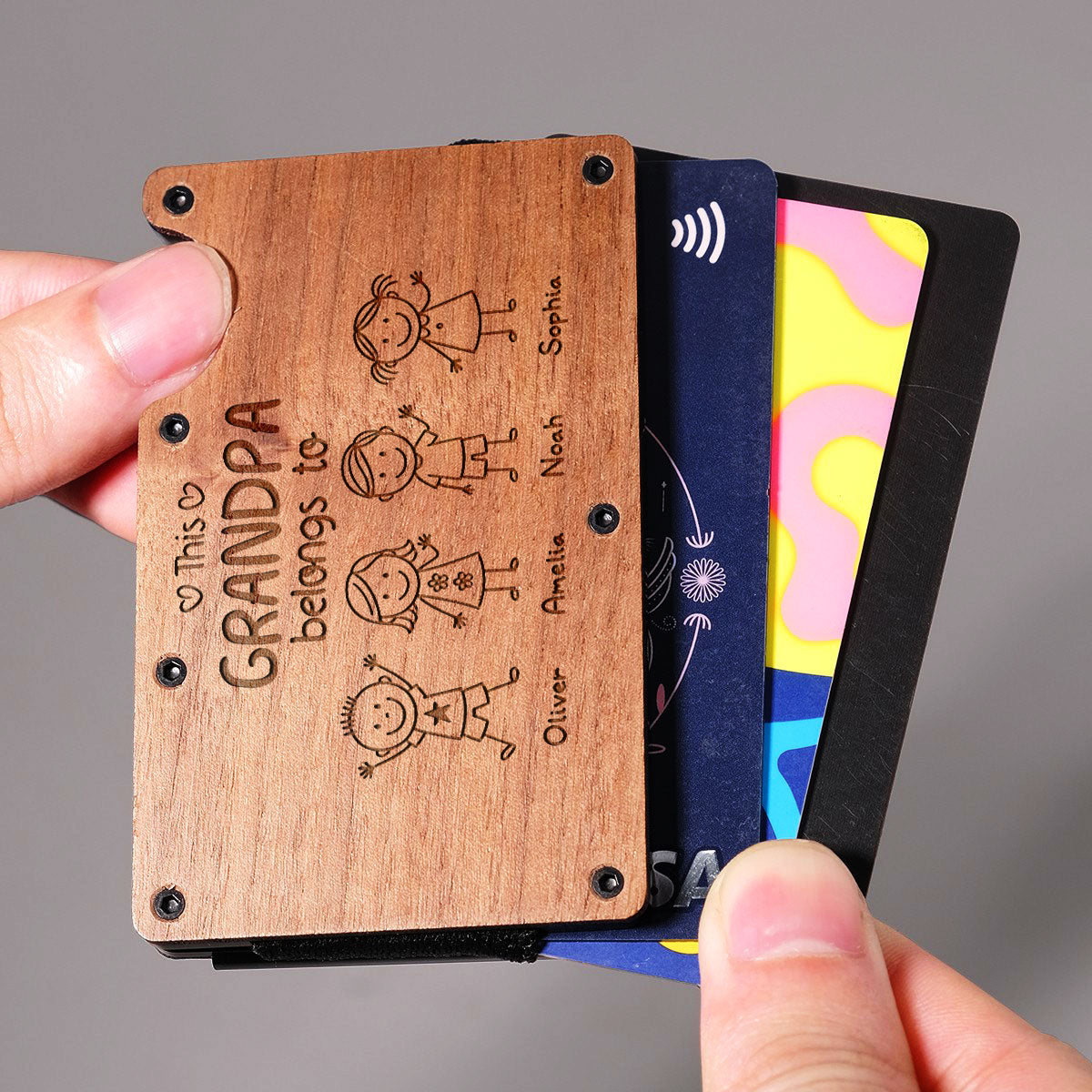 This Grandpa Belongs To Us - Personalized Engraved Wooden Card Holder