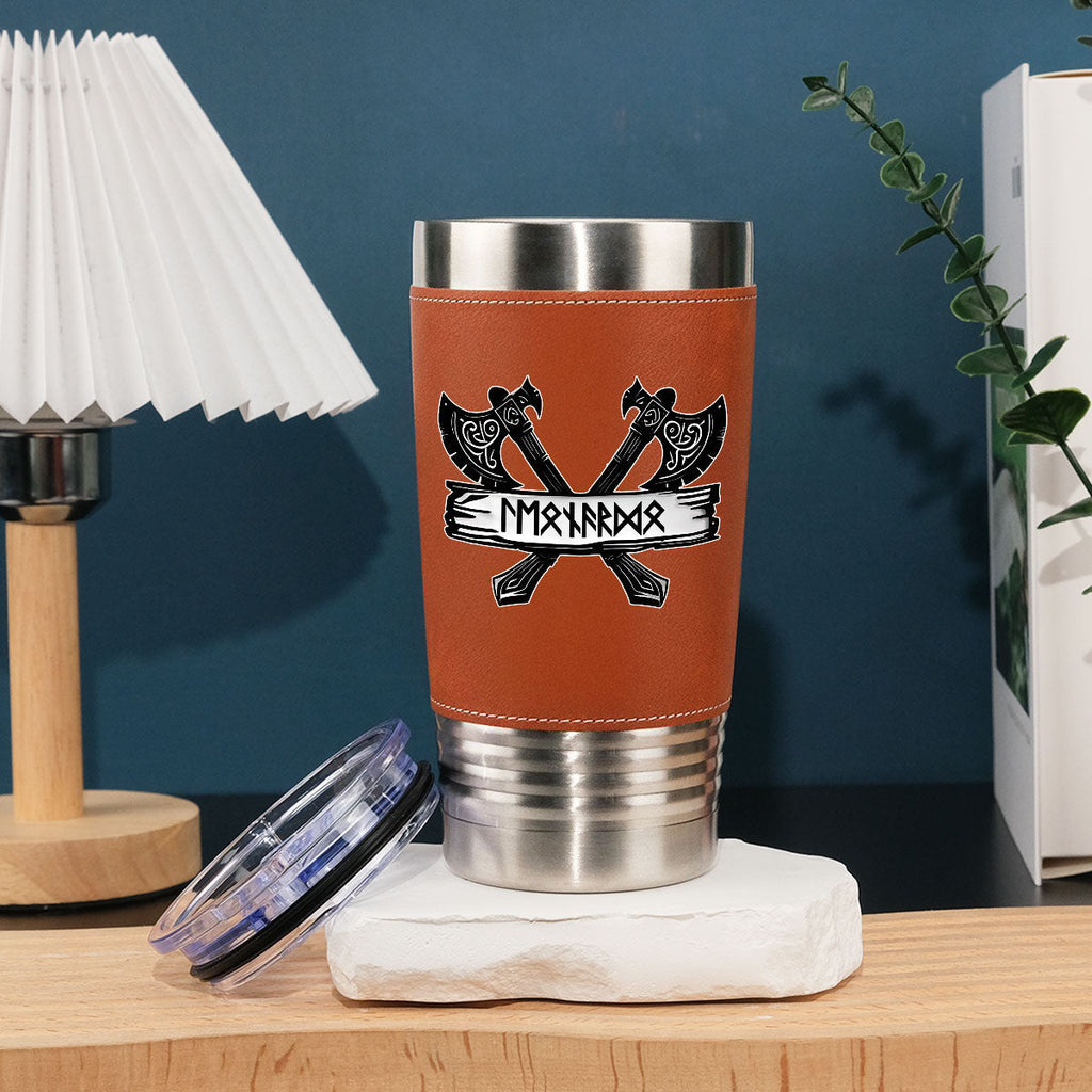 Custom Christmas Birthday Gifts For Dad • Rune Marked Viking - Personalized Leather Tumbler