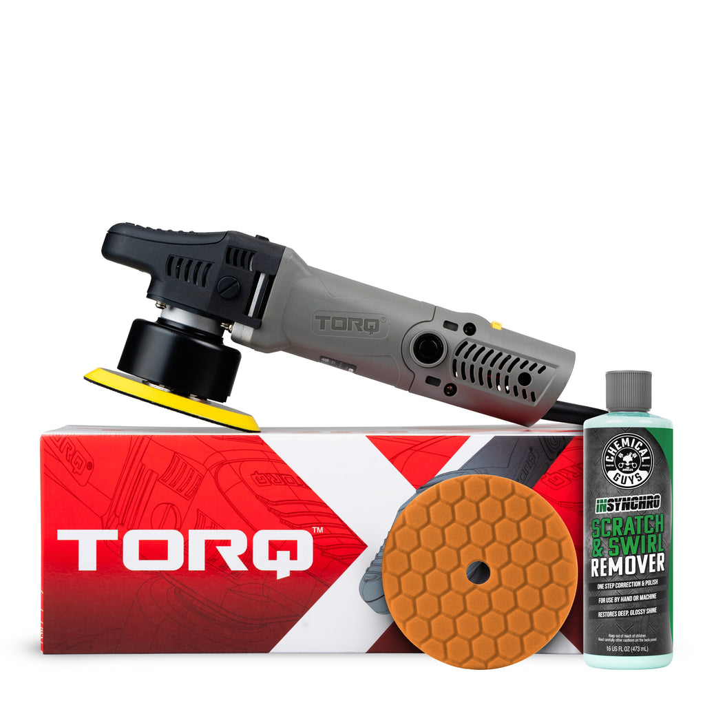TORQX Random Orbital Polisher with orange hex-logic pad and InSynchro Scratch and Swirl Remover bottle, on red and white TORQ retail box