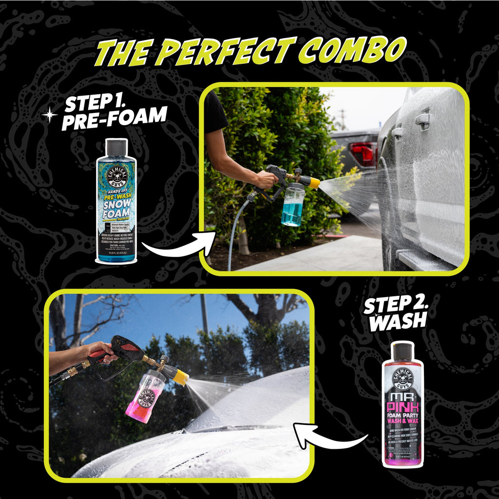 Pre-Wash Snow Foam Blaster Bundle - the perfect combo: step 1 pre-foam with Hands Off Pre-Wash Snow Foam, step 2 wash with Mr. Pink Foam Party