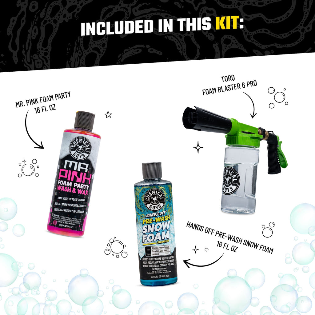 Pre-Wash Snow Foam Blaster Bundle - included in this kit: Mr. Pink Foam Party 16 fl oz, TORQ Foam Blaster 6 Pro, and Hands Off Pre-Wash Snow Foam 16 fl oz