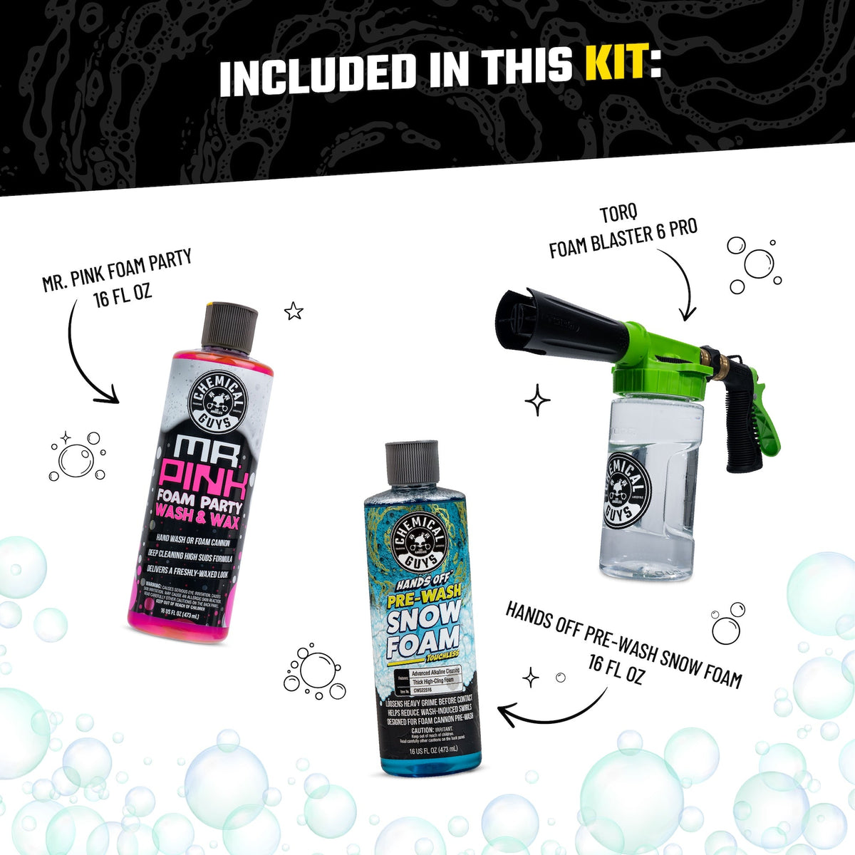 Pre-Wash Snow Foam Blaster Bundle - included in this kit: Mr. Pink Foam Party 16 fl oz, TORQ Foam Blaster 6 Pro, and Hands Off Pre-Wash Snow Foam 16 fl oz