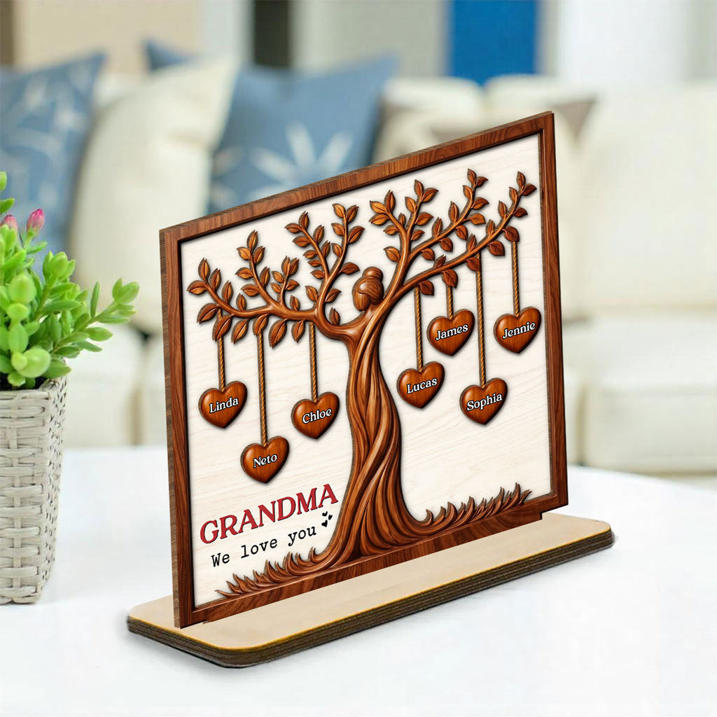 Custom Mother's Day Decor, Gift for Mom & Grandma • Hearts Tree - Personalized 2-Layer Wood Plaque With Flat Base