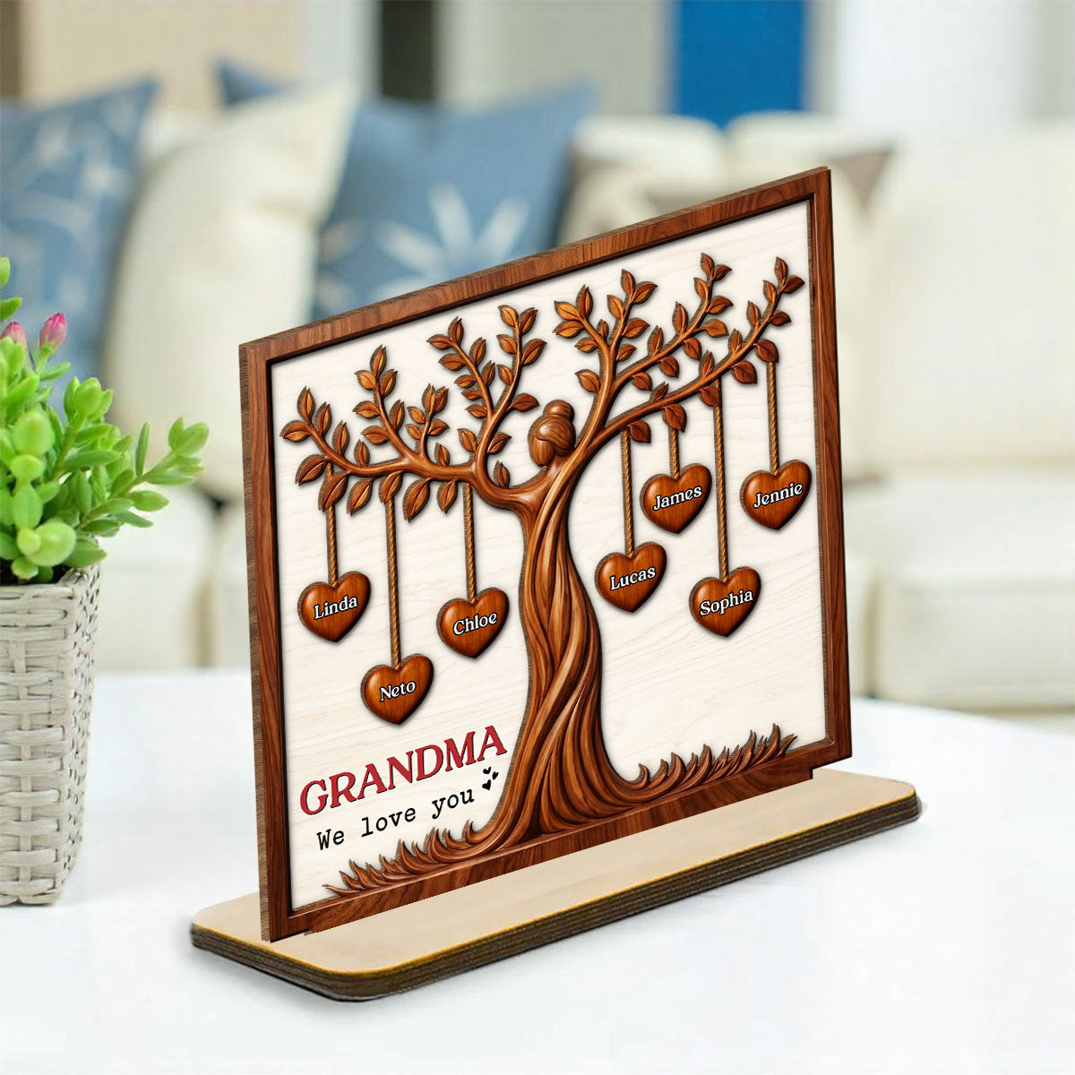 Custom Mother's Day Decor, Gift for Mom & Grandma • Hearts Tree - Personalized 2-Layer Wood Plaque With Flat Base