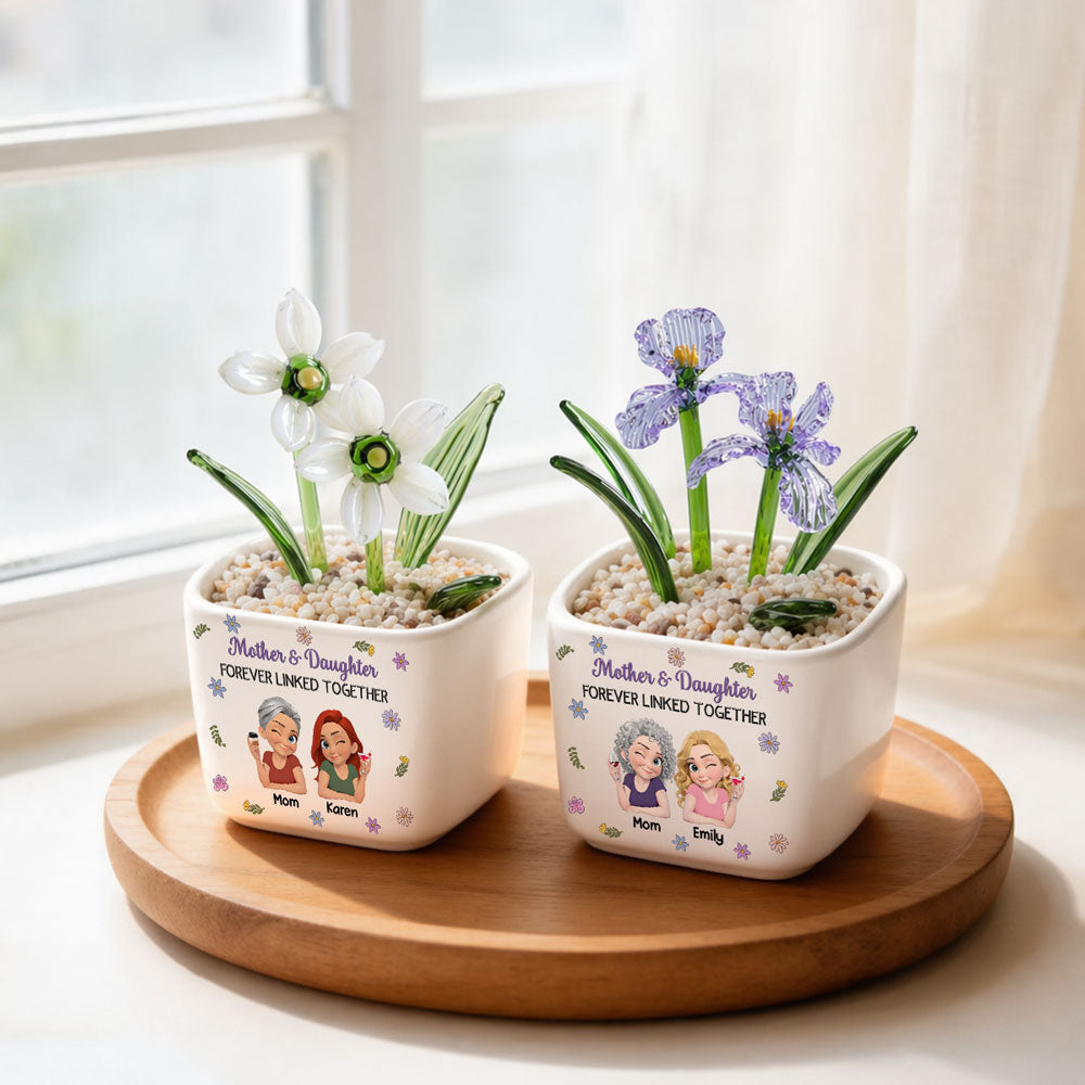 Mother And Daughter Linked Together Cartoon - Personalized Glass Birth Month Flower