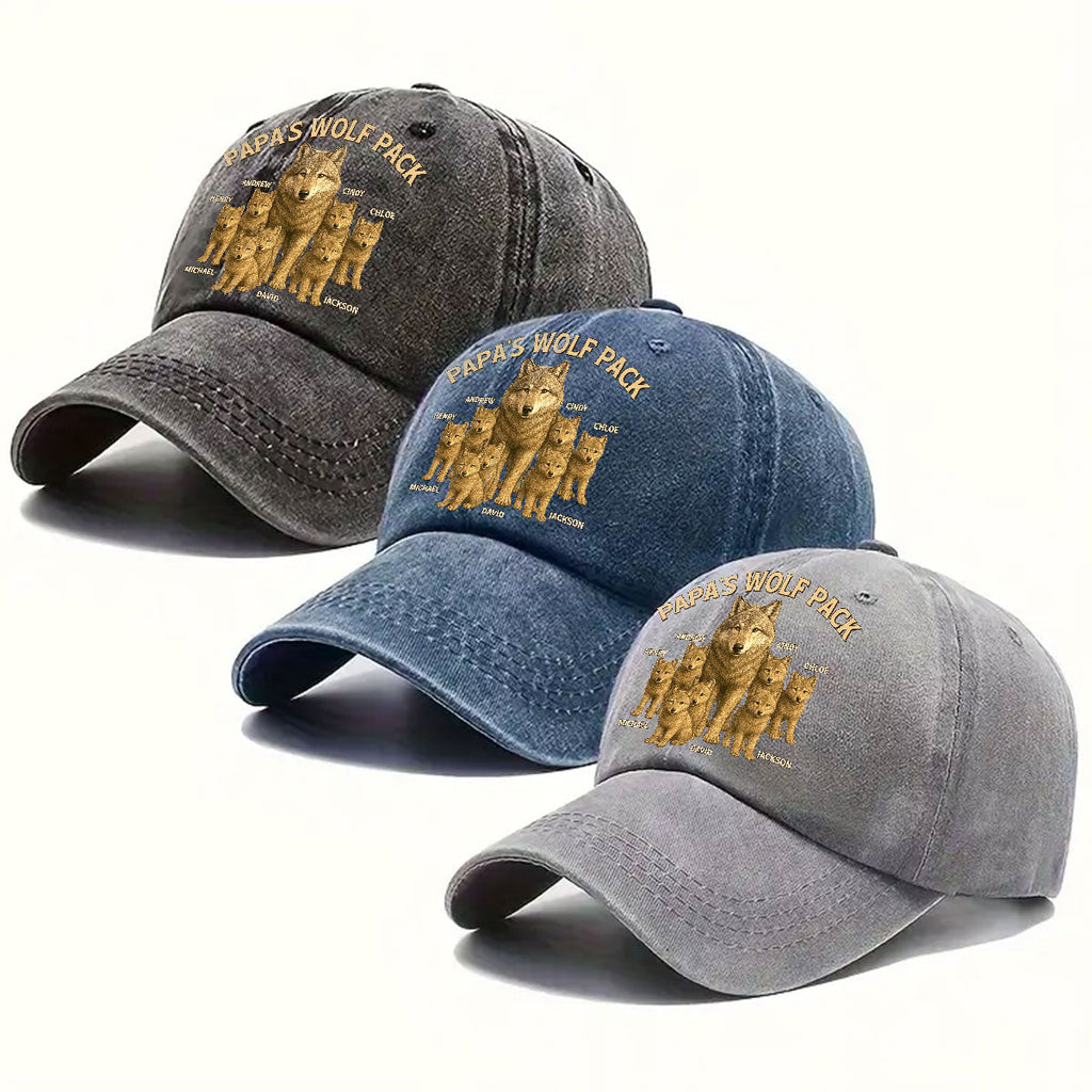 Papa’s Wolf Pack - Personalized Vintage Washed Denim Cap