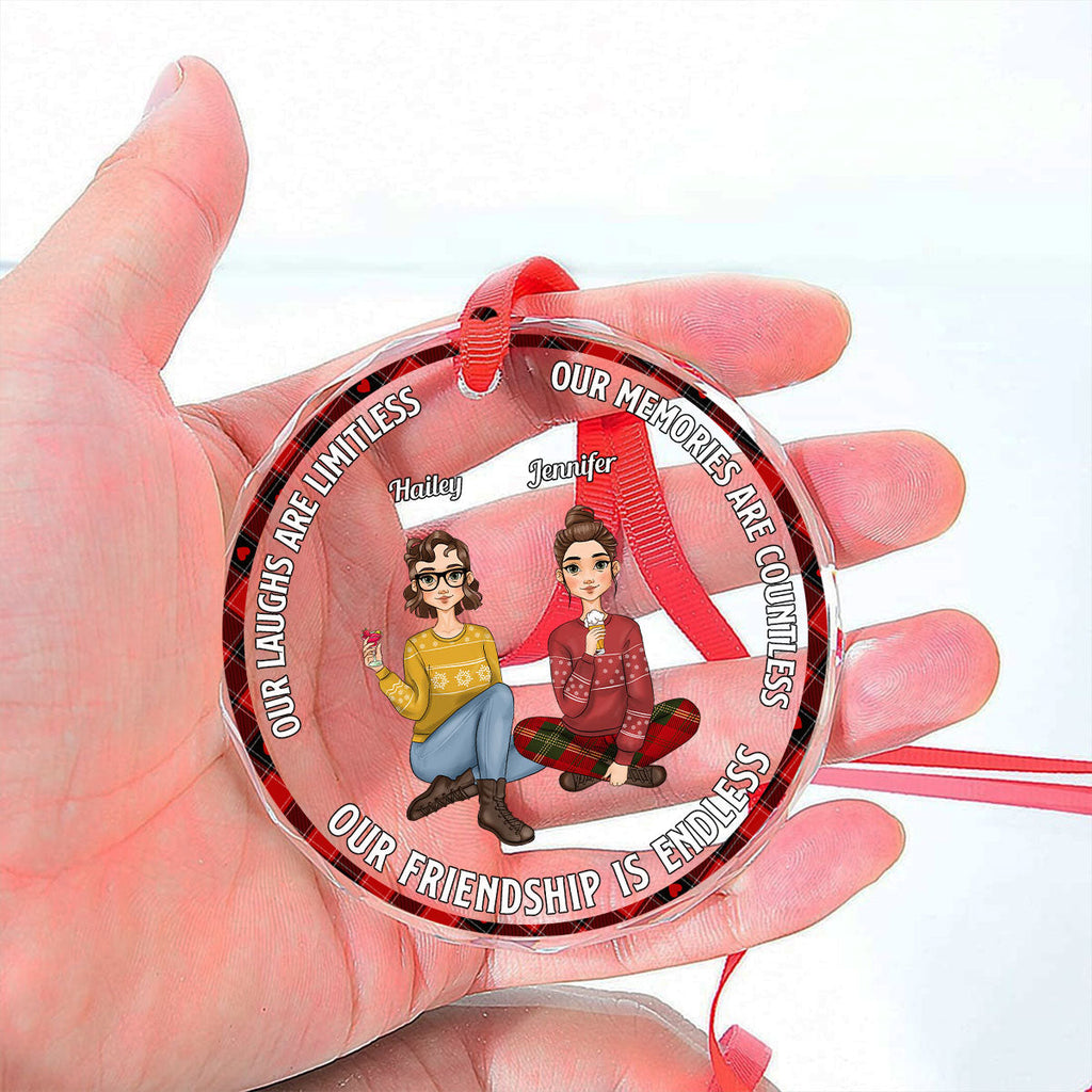 Custom Friendship Christmas Ornament, Best Friend Gift •  Our Laughs Are Limitless - Personalized Glass Ornament
