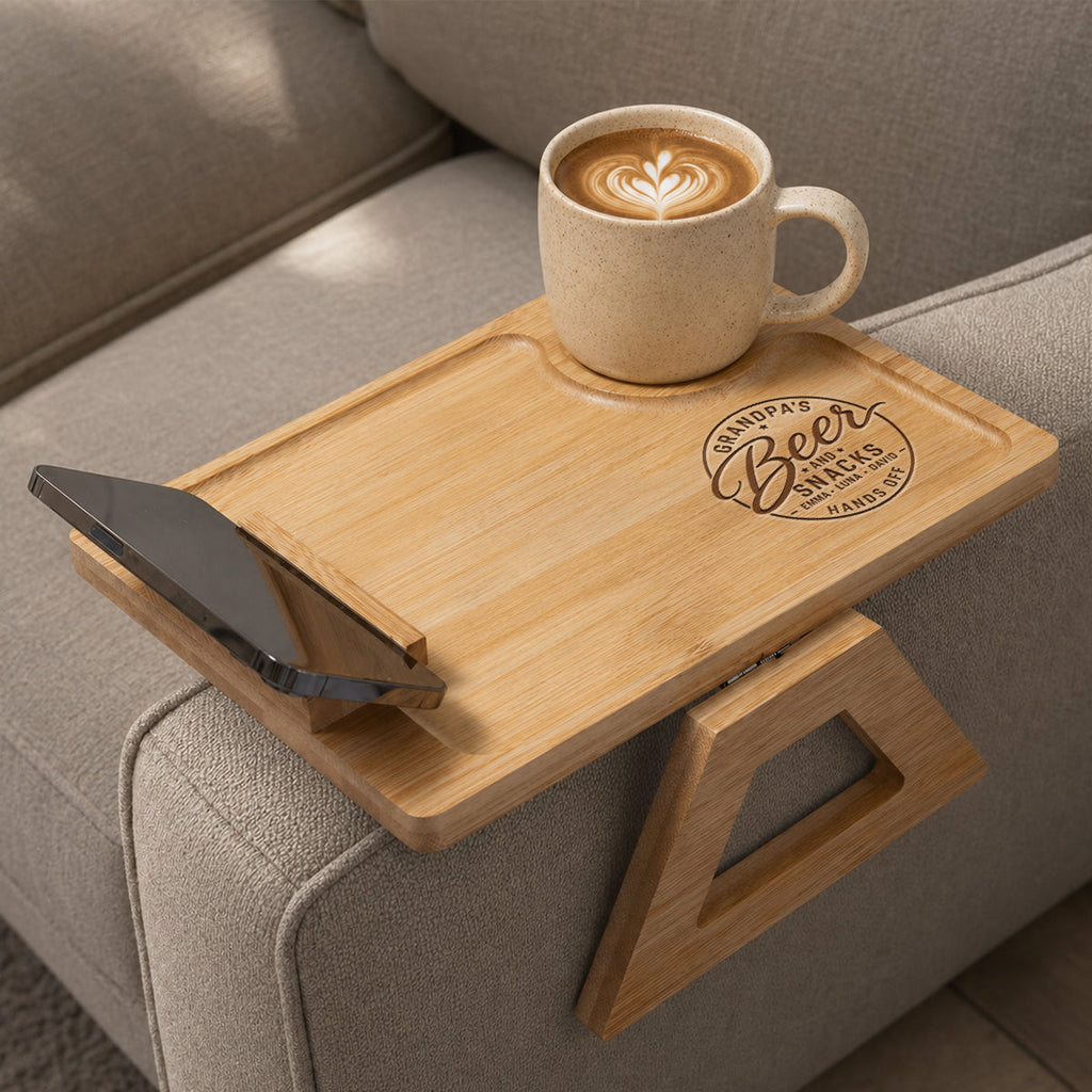 Beer And Snacks Hands Off - Personalized Engraved Wooden Couch Arm Table