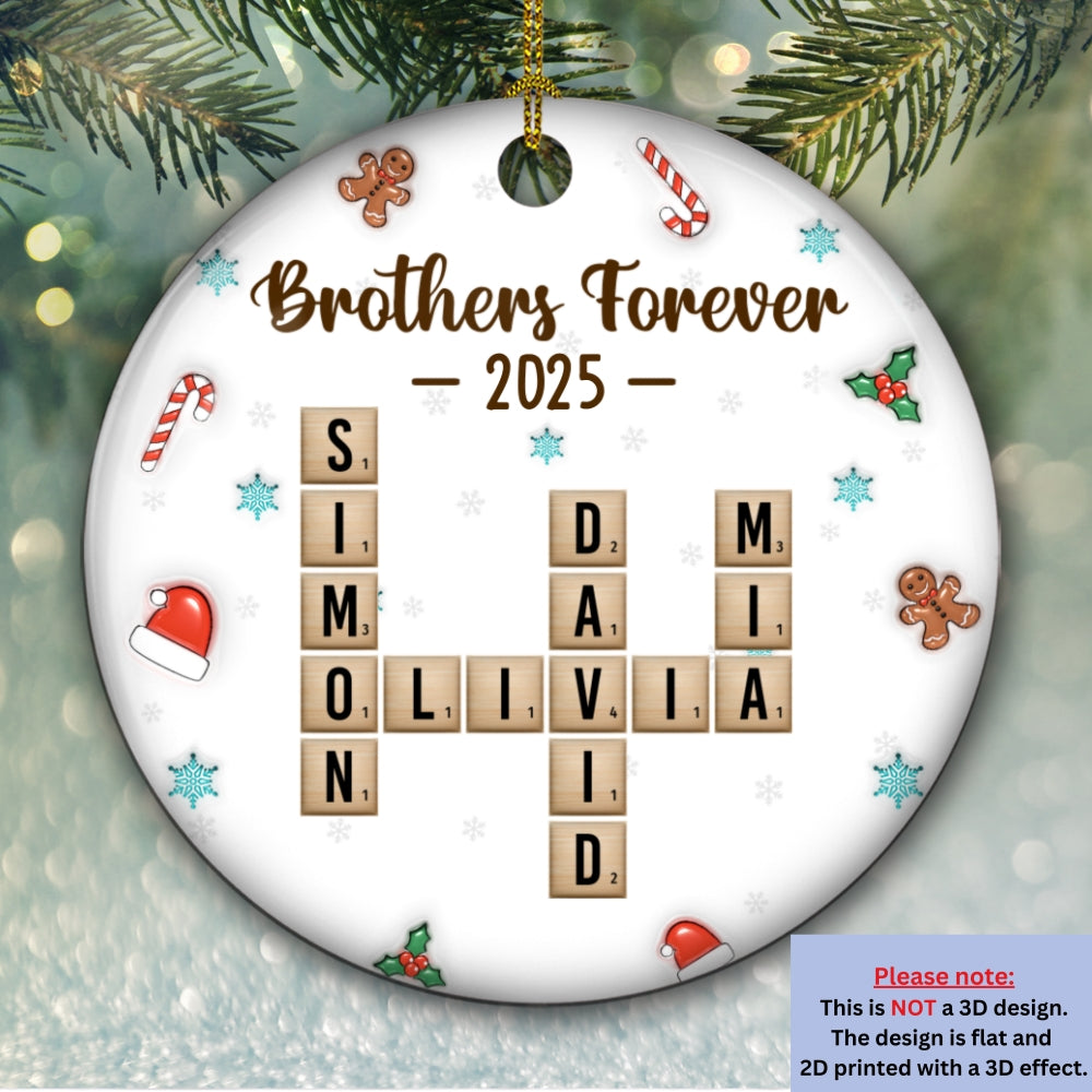 Custom Brothers & Sisters Christmas Ornament •  Siblings Forever Christmas Crossword - Personalized 3D Effect Ceramic Ornament