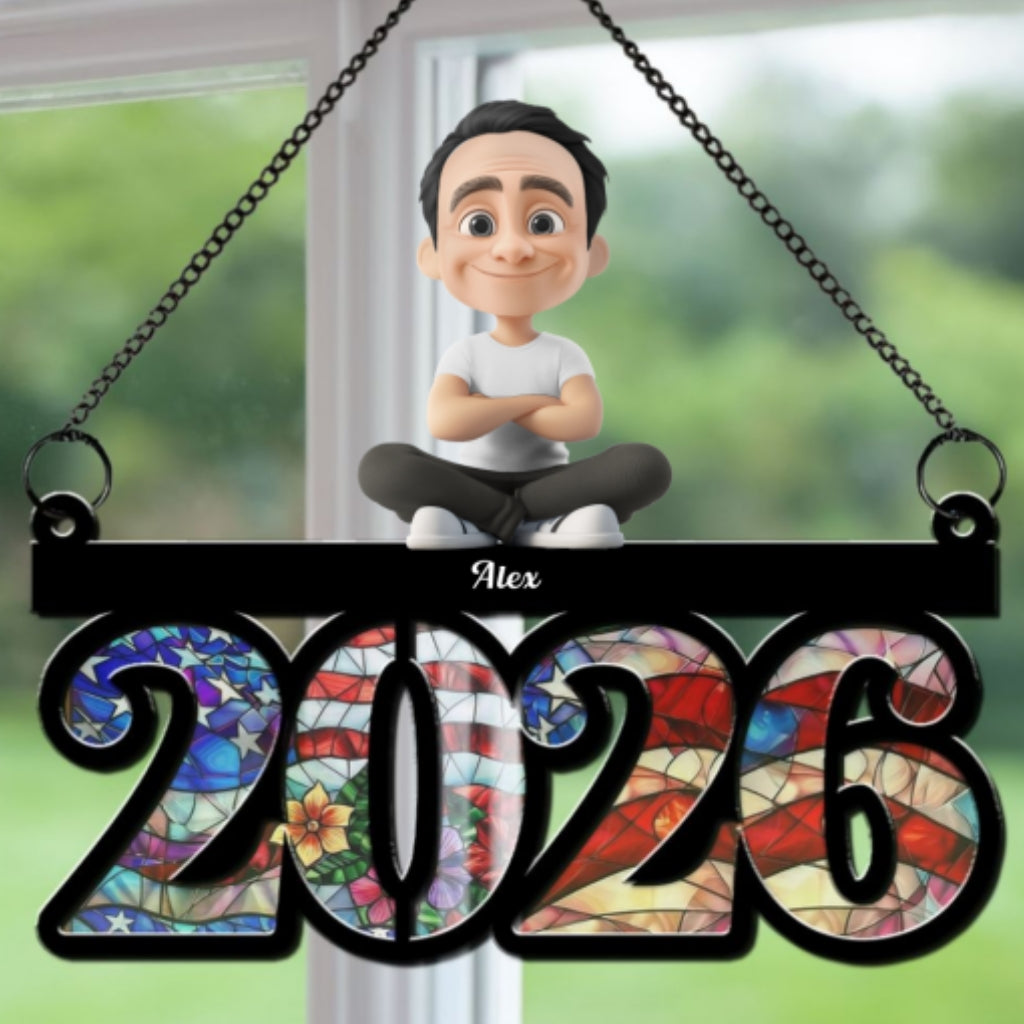 Custom Family Patriotic Hanging Decor, 4th of July • Family Sitting America 250th Anniversary - Personalized Suncatcher