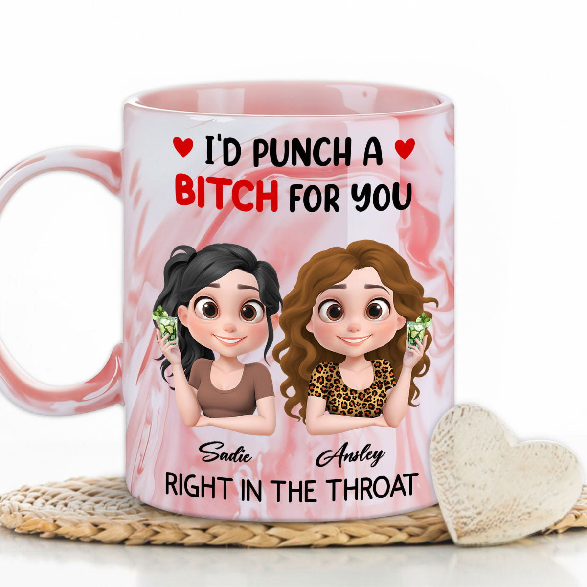 Custom Best Friend, Christmas & Birthday Friendship Keepsake Gift • I Punch A Bitch For You My Besties - Personalized Pink Marble Mug