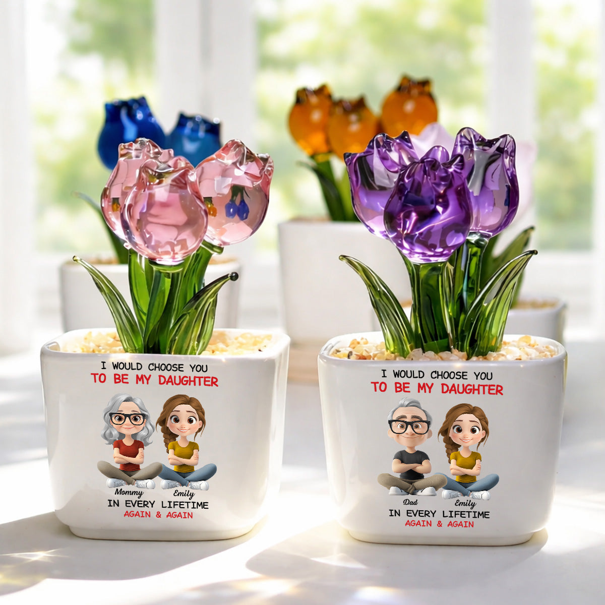 Custom Flower Keepsake, Glass Home Decor Gift for Daughter • Always Choose You Mom And Daughter - Personalized Glass Everlasting Tulips