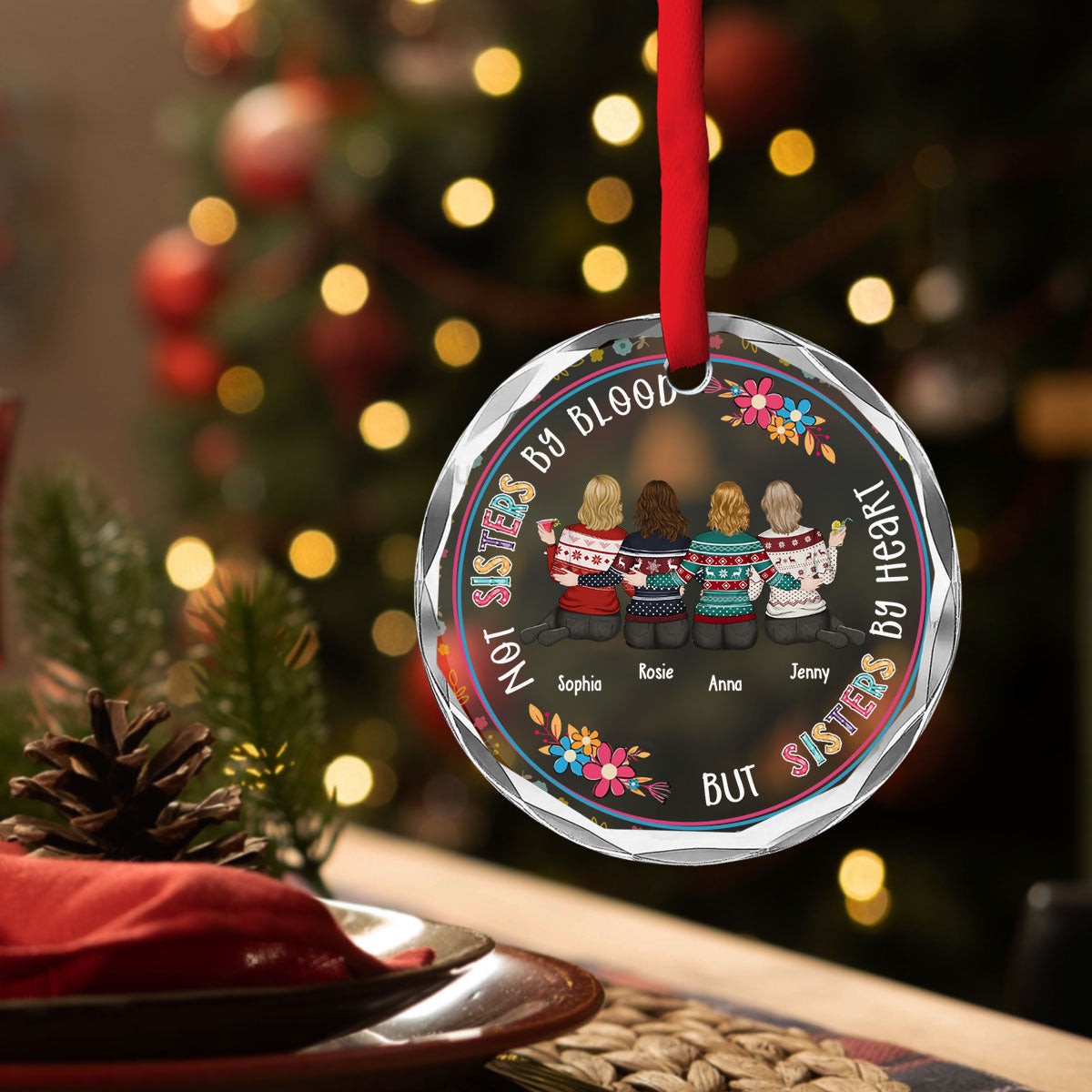 Custom Friendship Christmas Ornament, Best Friend Gift •  Sister By Heart - Personalized Glass Ornament