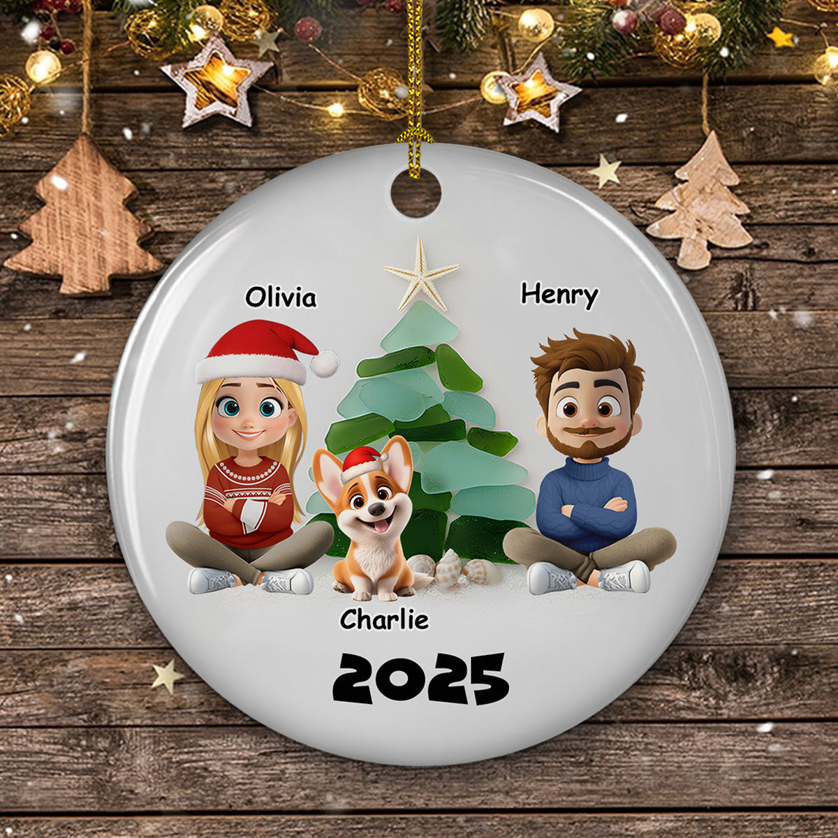 Custom Family Ornament, Christmas Gift for Family Members •  Family Sea Glass Christmas Tree - Personalized Ceramic Ornament