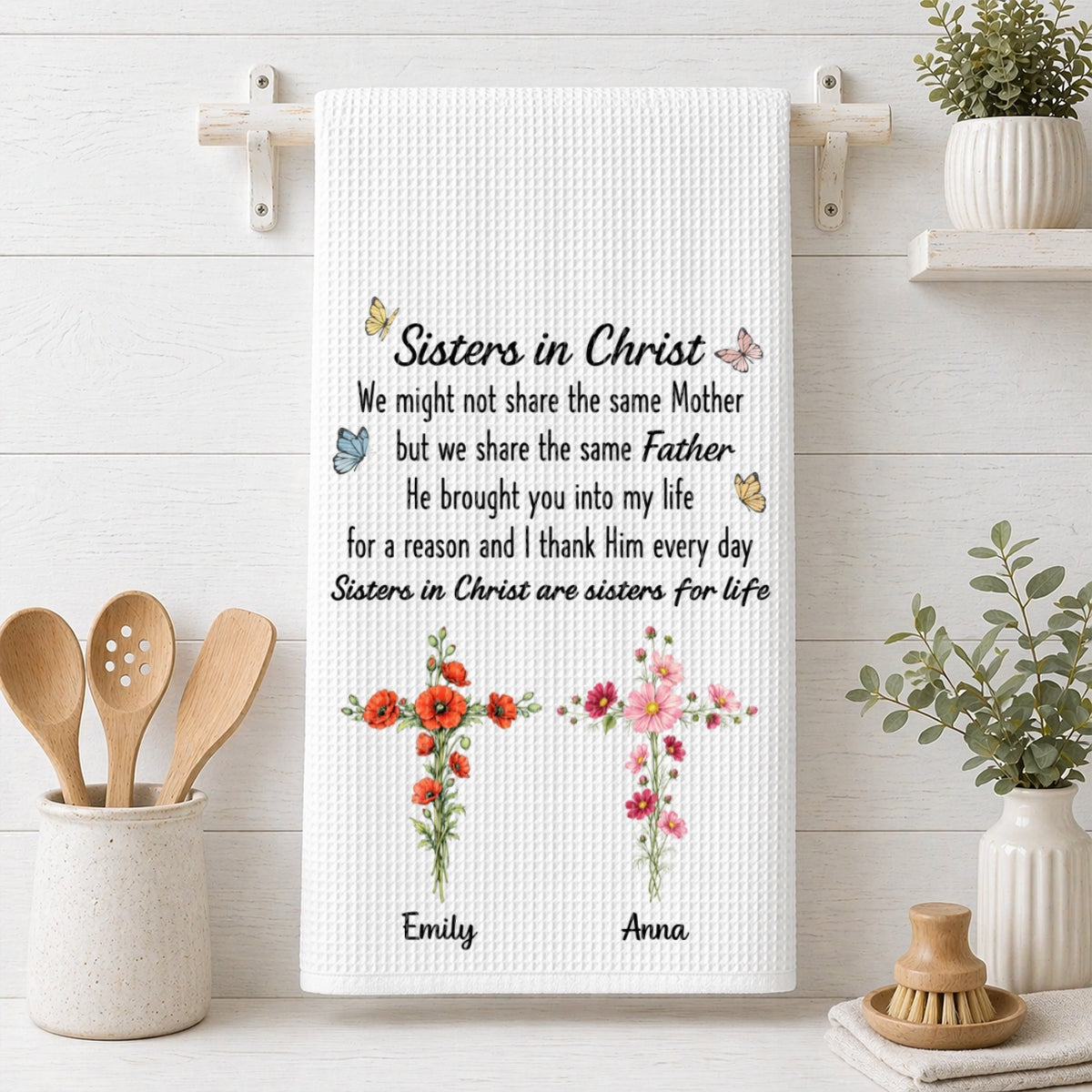 Custom Sister Kitchen Towel With Names, Birthday Christmas Gift For Sister Sibling • Sisters Growing In Grace - Personalized Kitchen Towel