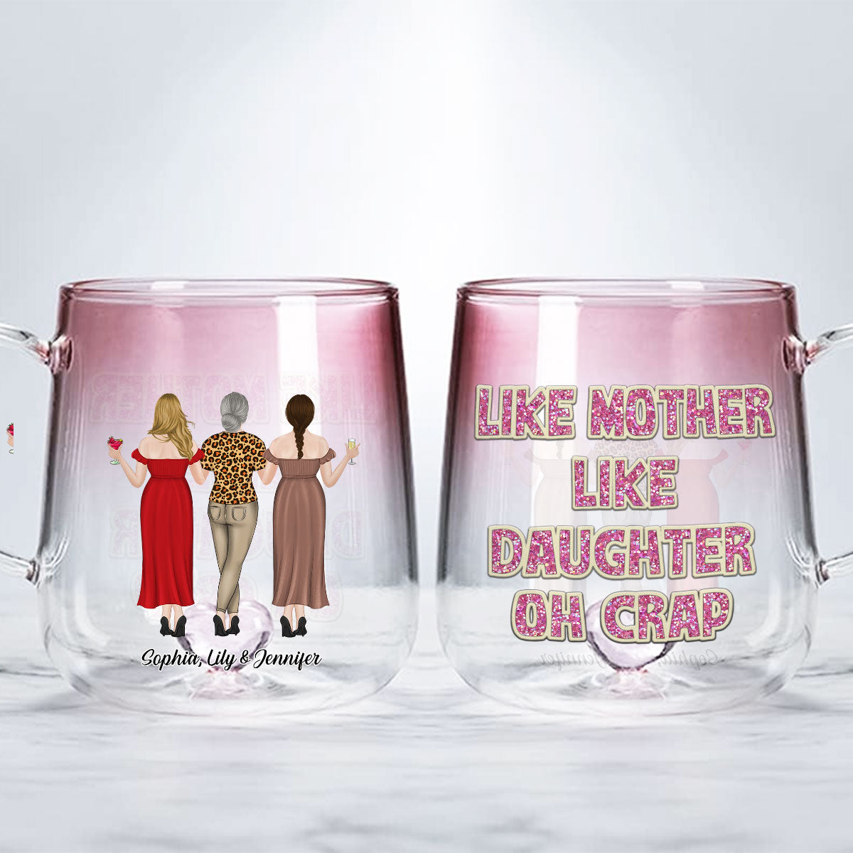 Custom Mother's Day Gift for Mom & Grandma • Like Mother Like Daughter - Personalized Pink Gradient Glass Mug