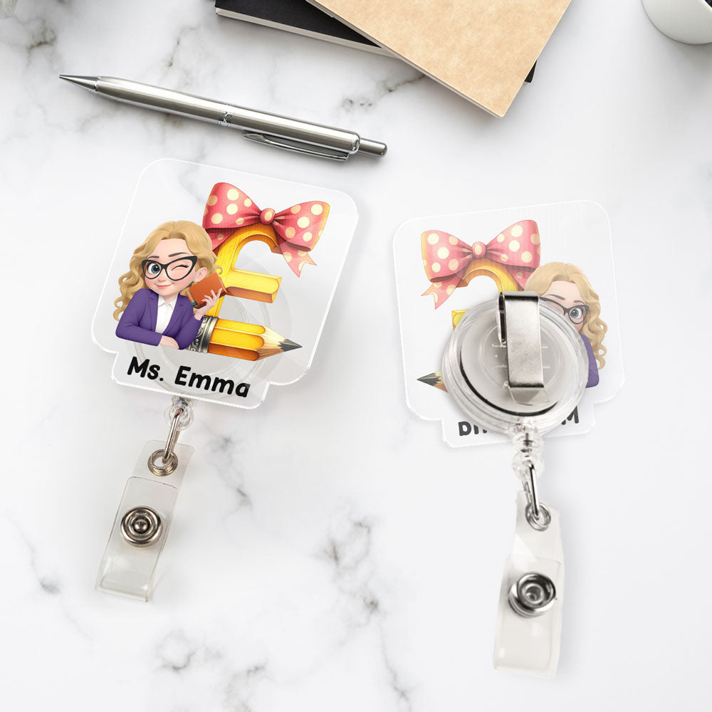 Custom Teacher Character ID Holder, Back To School Gift • Alphabet Cartoonize - Personalized Acrylic Badge Reel
