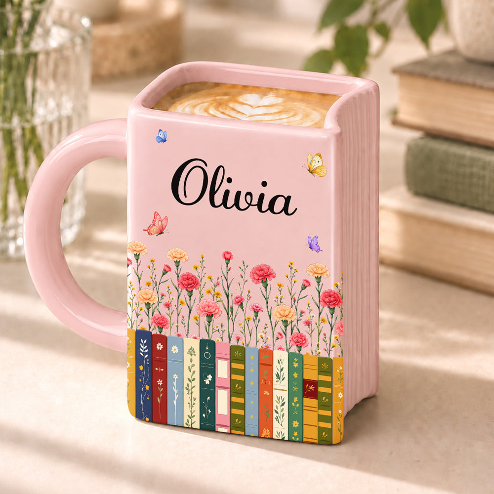 Custom Birth Flower & Name For Friends, Book Lovers, Bookworms, Readers • Made For Cozy Reading Days - Personalized Book Shaped Mug